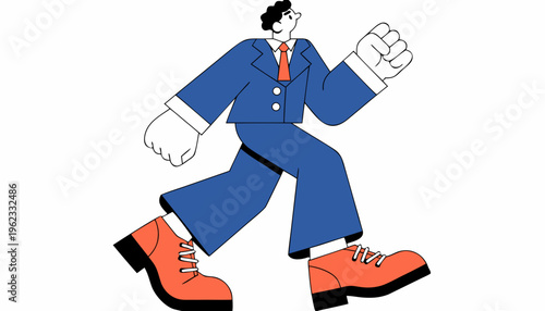 Businessman character with large feet in a blue suit and red tie strides forward with determination and energy.