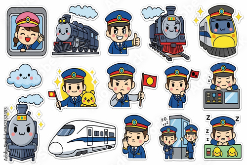 Train conductor characters are happily interacting on various train related scenes