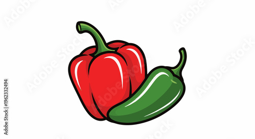 Bright red bell pepper and green jalapeno pepper illustration