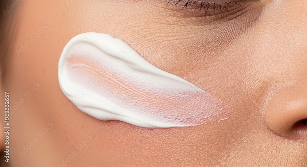 Fototapeta premium Applying a dollop of white cream to a person's cheek for skincare or makeup