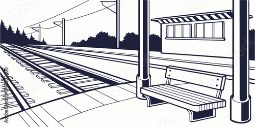 A train station with a bench and tracks