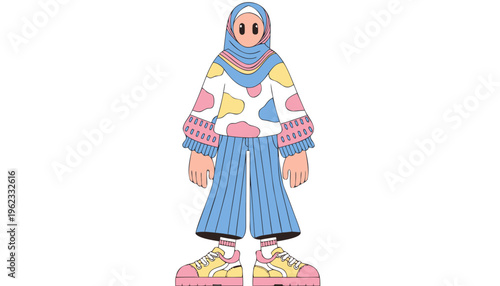 Young woman wearing a colorful hijab and loose bright clothing stands facing forward in a stylized, large-proportioned illustration.