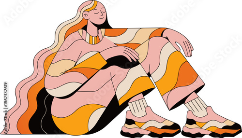 Relaxed woman with very long wavy hair sits comfortably wearing vibrant patterned leisure clothing and chunky sneakers.