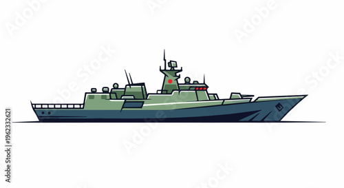 Cartoon naval warship with flat design elements and a simple aesthetic
