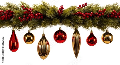 Christmas ornaments hanging from a festive holiday garland isolated on transparent background