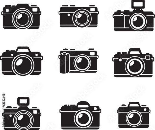 Photo camera silhouettes icon set. Black icons.