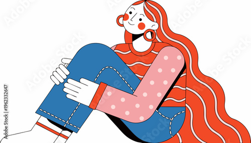 Woman with long flowing red hair and large hoop earrings sits comfortably embracing her knees while looking upward with a gentle.