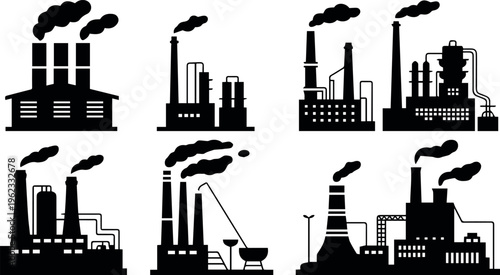 Factory icons with smokestacks and storage tanks