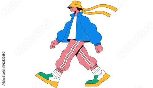 Fashionable person in bright outerwear and bucket hat walks with long strides on a plain surface.