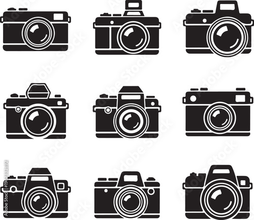 Photo camera silhouettes icon set. Black icons.