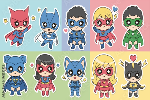 Eight cartoon superheroes stand in colorful grid formation proudly wearing costumes