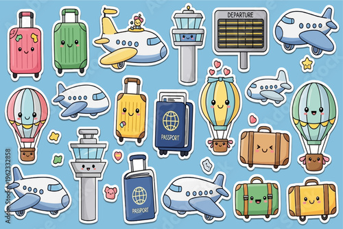 A collection of cartoon travel stickers featuring airplanes, suitcases, and hot air balloons.