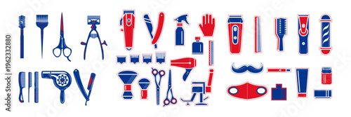 Barber and hairstyling tool icon set with combs, scissors, clippers, razor, hair dryer, mustache, and salon equipment in bold red and blue vector style