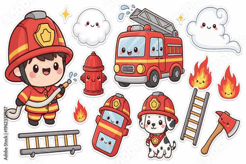 Firefighter cartoon character with dalmatian dogs and firetruck responding to flames