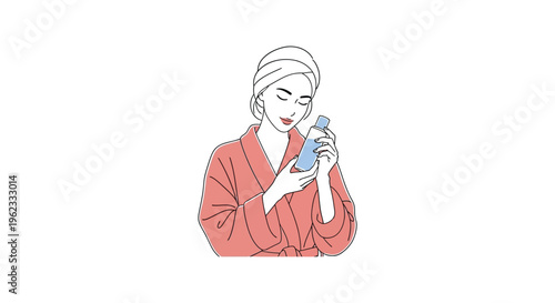 Woman in coral robe holding blue bottle in minimalist line art for skincare advertising