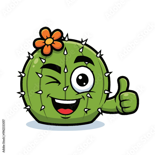 Happy Cartoon Cactus Character with Flower.