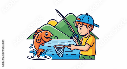 Cartoon boy with fishing rod catches a splashing fish with a net