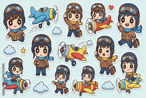 Children playing with colorful airplanes and wearing pilot hats outdoors happily