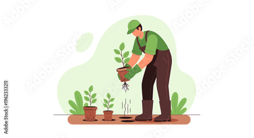 Gardener planting a small tree in a pot with soil.