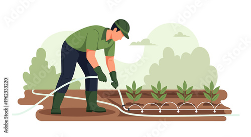 Gardener installing drip irrigation system for plants.