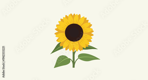 Bright yellow sunflower with dark center and green leaves