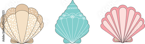 Illustration of Decorative Seashell Set with Elegant Patterns in Soft Pastels for Beach, Ocean, and Nature Designs