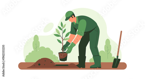 Gardener planting a small tree in the soil.