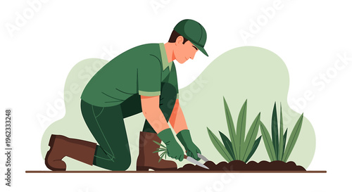 Gardener planting small green plants in the soil wearing gloves and cap.