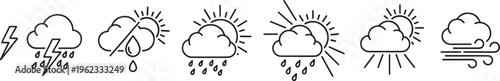 Weather forecast icons collection featuring cloud with rain lightning and sun for meteorology apps.