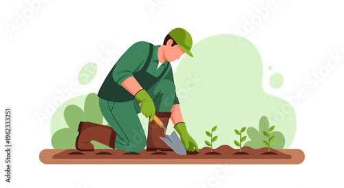 Gardener planting seedlings in a garden bed with a trowel.