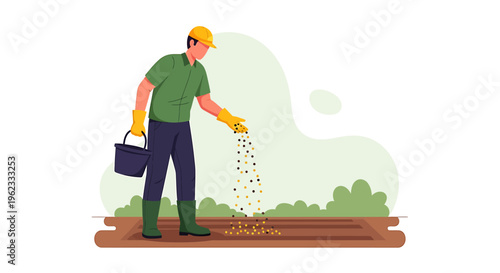 Gardener planting seeds in soil with bucket and gloves.