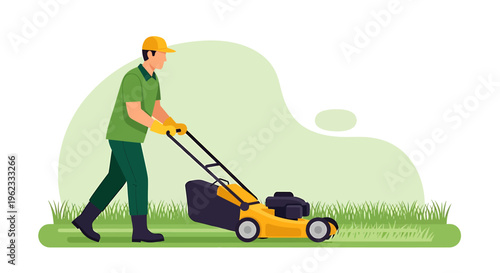Gardener pushing a lawnmower cutting grass in a garden.