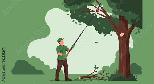 Gardener Pruning Tree Branches with Long Pole Saw Outdoors.