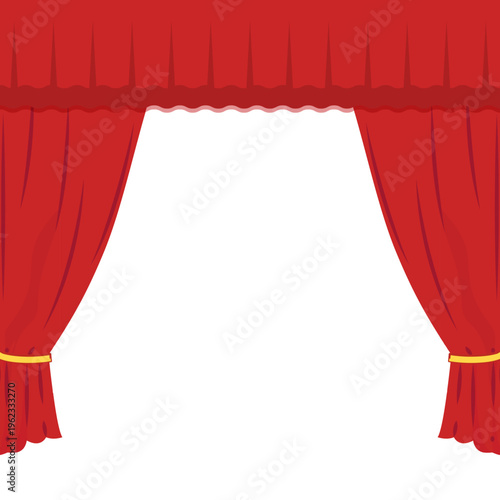 Open red theater curtains with tied drapes and central blank stage space, classic performance backdrop isolated on light background in decorative vector styl