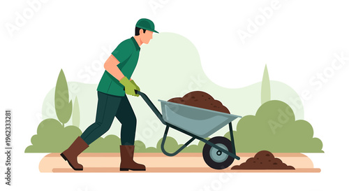 Gardener pushing a wheelbarrow full of soil outdoors.