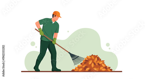 Gardener Raking Pile of Autumn Leaves Outdoors.