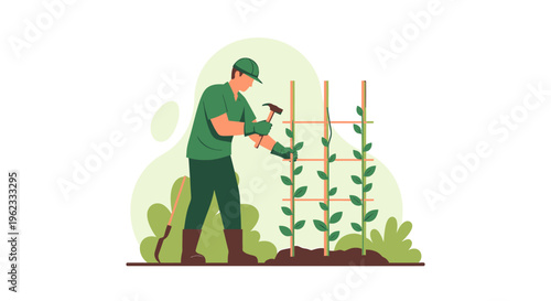 Gardener tending to plants in a garden setting.