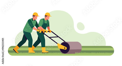 Two construction workers operating a lawn roller machine for landscaping.