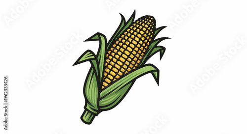Brightly colored illustration of a single ear of corn with green husks