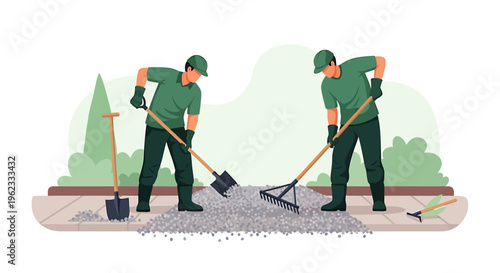 Two construction workers preparing ground with shovels and rakes.
