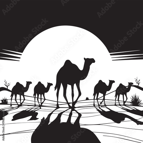 Camel silhouettes walking in a desert landscape at sunset with sand dunes and travel safari theme