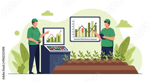 Two farmers analyzing crop growth data on digital screens.