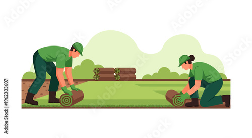 Two gardeners laying sod in a park setting.