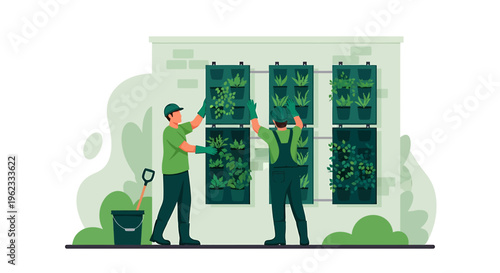 Two gardeners installing vertical garden panels on a wall.