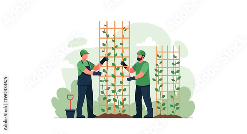 Two gardeners tending to climbing plants on trellises.