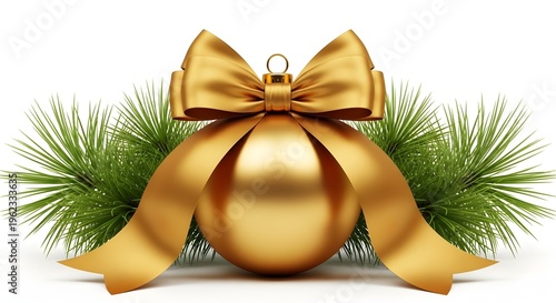Golden christmas ornament with ribbon and pine branches isolated on transparent background