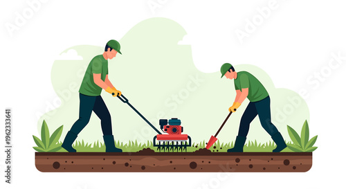 Two gardeners working together in a garden with a tiller.