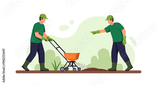 Two gardeners working together in a garden with a lawnmower.