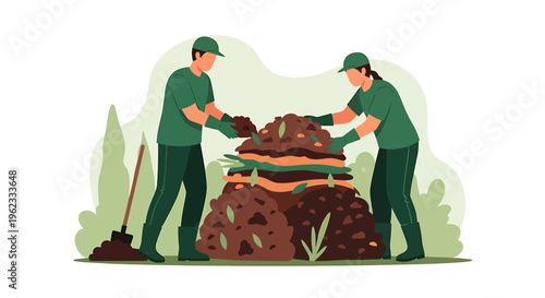 Two gardeners working together to build a compost pile outdoors.