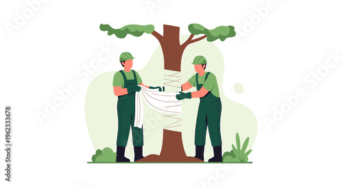 Two gardeners working together to care for a tree.